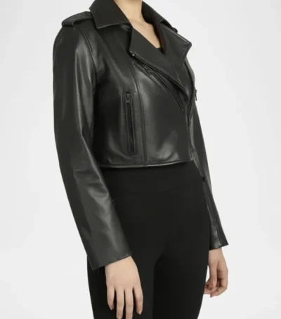 Stylish Women's Black Motorcycle Leather Jacket Side Look