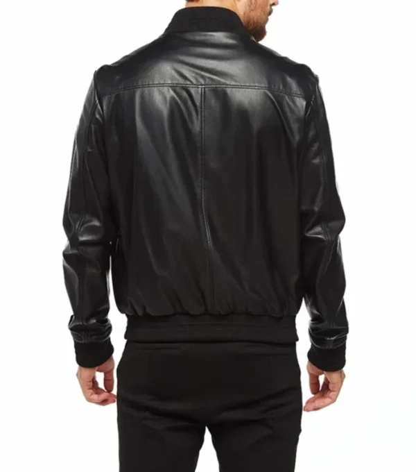 The Classic Black Leather Bomber Jacket Back