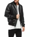 The Classic Black Leather Bomber Jacket Front