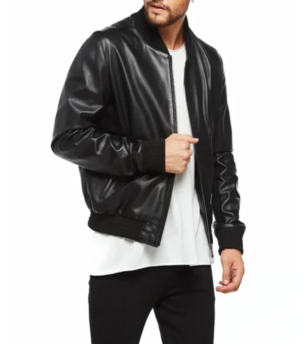 The Classic Black Leather Bomber Jacket Front