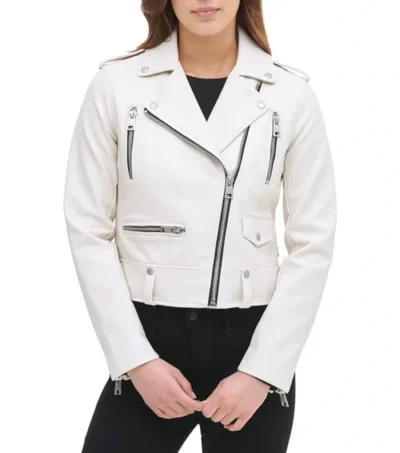 White Leather Biker Jacket for Women