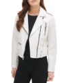 White Leather Biker Jacket for Women on Sale