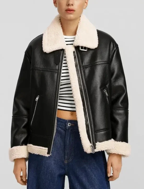 Women Black Leather Aviator Jacket with White Shearling