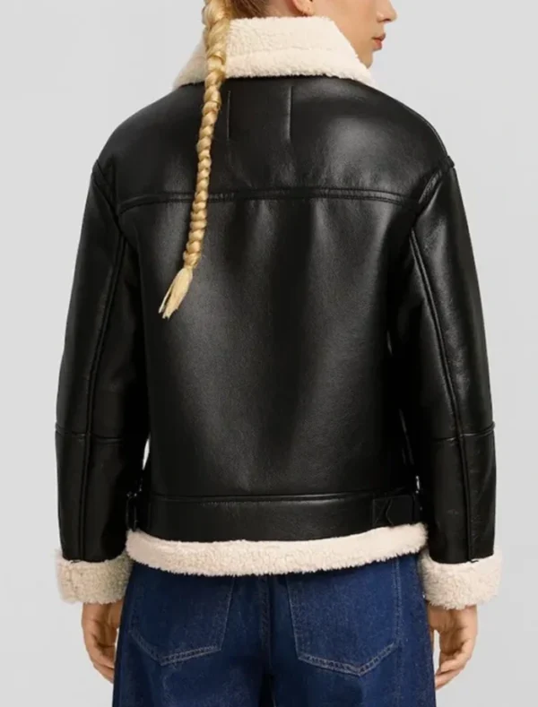 Women Black Leather Aviator Jacket with White Shearling Back