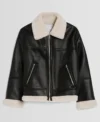 Women Black Leather Aviator Jacket with White Shearling Front