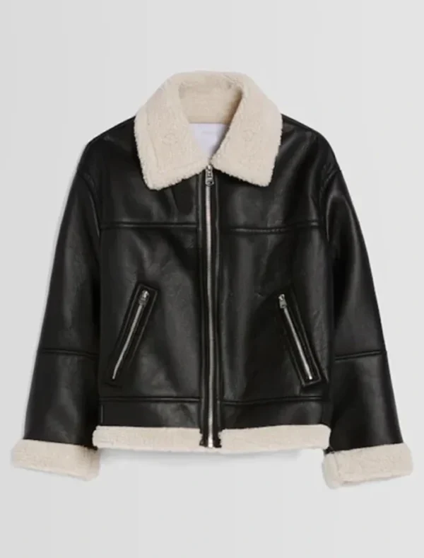 Women Black Leather Aviator Jacket with White Shearling Front
