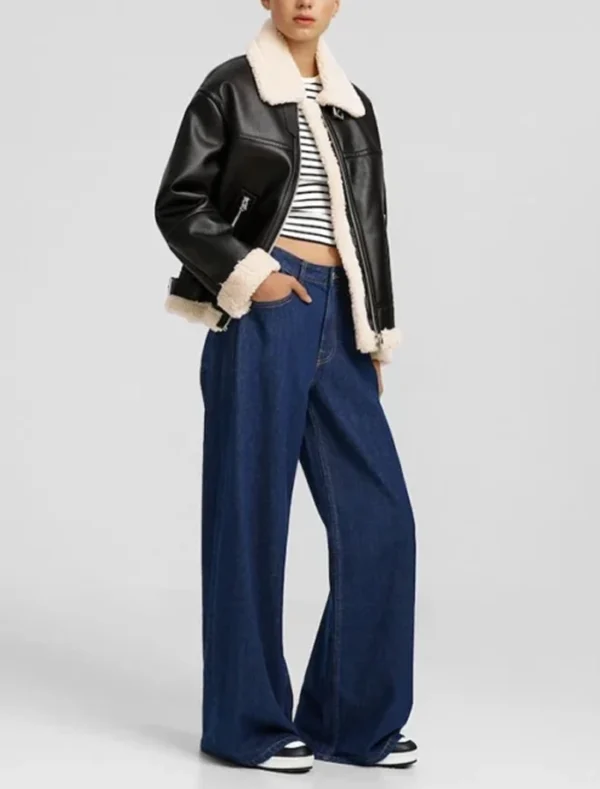 Women Black Leather Aviator Jacket with White Shearling Side Look
