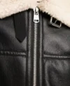 Women Black Leather Aviator Jacket with White Shearling Zipper