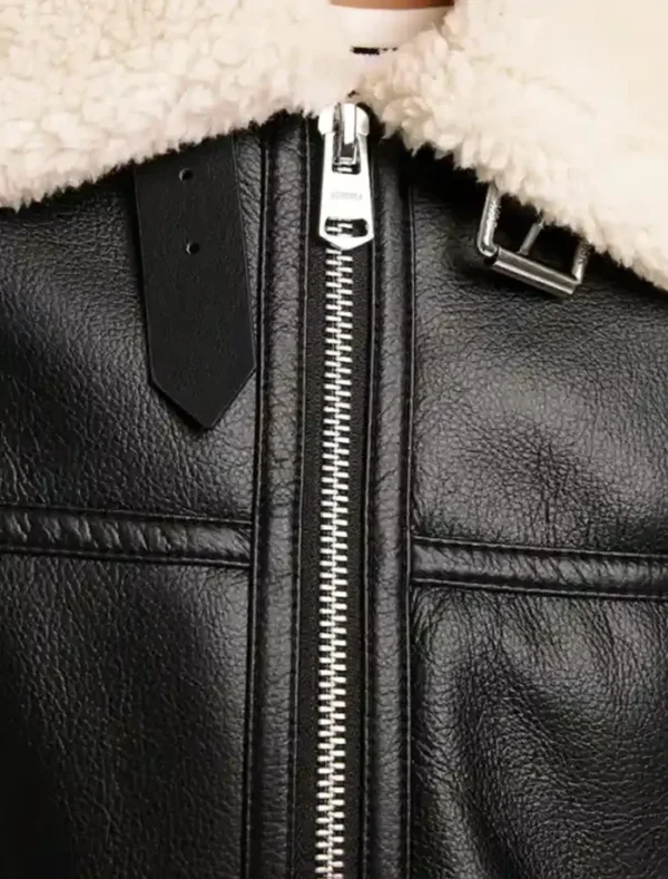 Women Black Leather Aviator Jacket with White Shearling Zipper