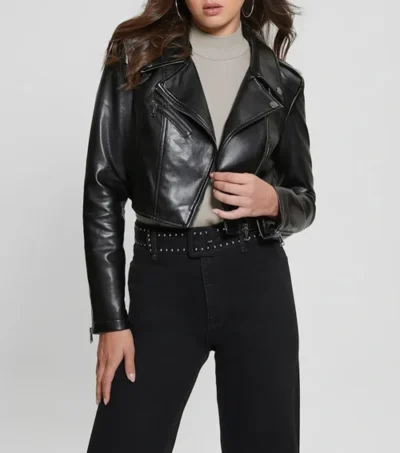 Women Black Leather Cropped Biker Jacket