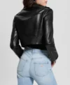 Women Black Leather Cropped Biker Jacket Back Look