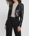 Women Black Leather Cropped Biker Jacket Front