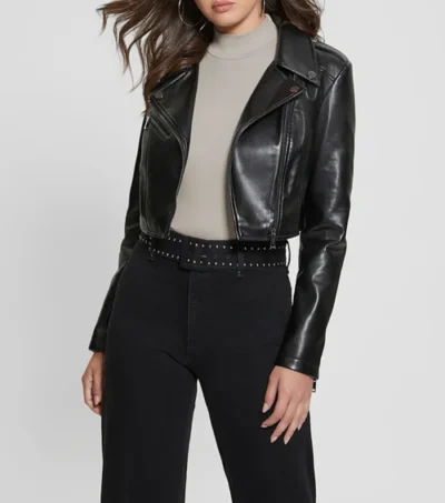Women Black Leather Cropped Biker Jacket Front