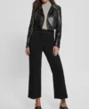 Women Black Leather Cropped Biker Jacket Side Look
