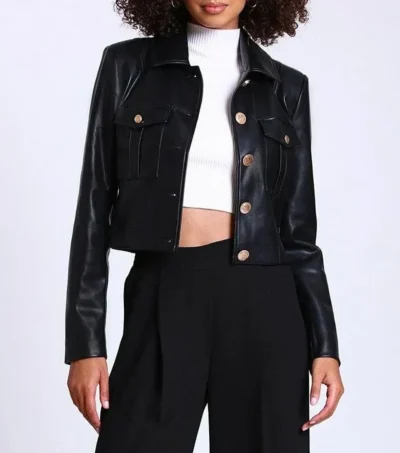 Women Black Leather Cropped Jacket