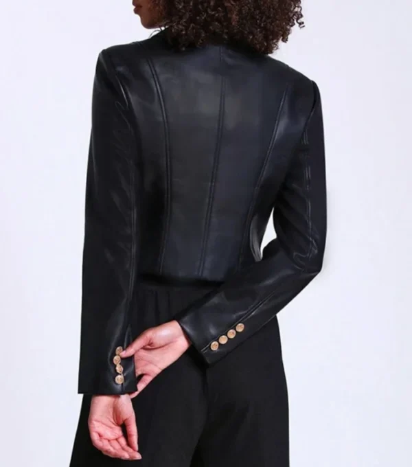 Women Black Leather Cropped Jacket Back