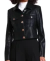 Women Black Leather Cropped Jacket Front