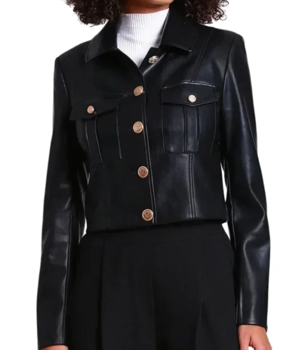 Women Black Leather Cropped Jacket Front