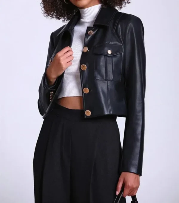 Women Black Leather Cropped Jacket Side Look