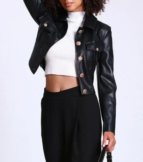 Women Black Leather Cropped Jacket on Sale