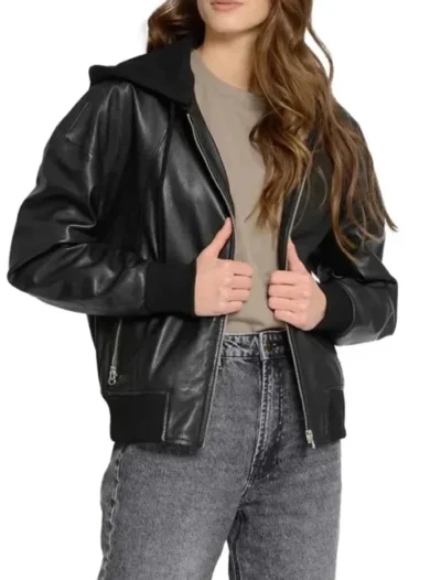 Women Black Leather Hooded Bomber Jacket