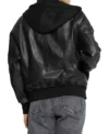 Women Black Leather Hooded Bomber Jacket Back