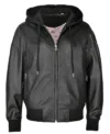 Women Black Leather Hooded Bomber Jacket Front