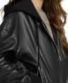 Women Black Leather Hooded Bomber Jacket Side Looks