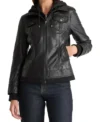 Women Black Leather Jacket with Attached Hoodie