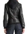 Women Black Leather Jacket with Attached Hoodie Back