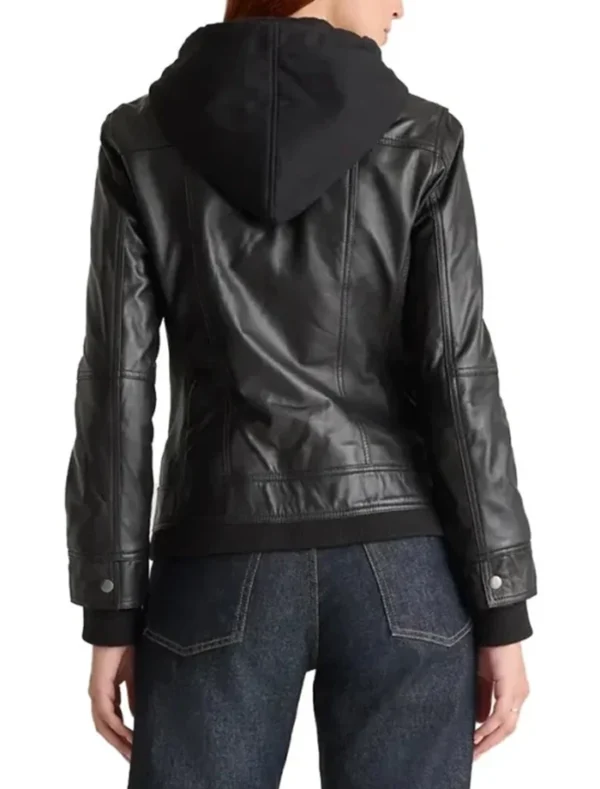 Women Black Leather Jacket with Attached Hoodie Back