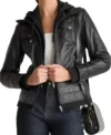 Women Black Leather Jacket with Attached Hoodie Front
