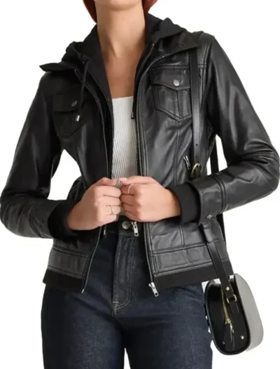 Women Black Leather Jacket with Attached Hoodie Front