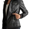 Women Black Leather Jacket with Attached Hoodie Pocket