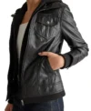 Women Black Leather Jacket with Attached Hoodie Pocket