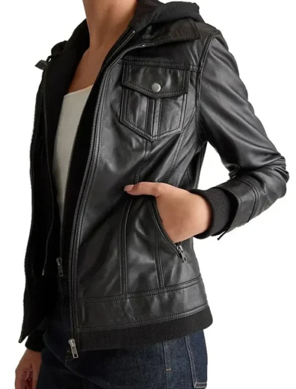 Women Black Leather Jacket with Attached Hoodie Pocket