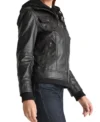 Women Black Leather Jacket with Attached Hoodie Side Look