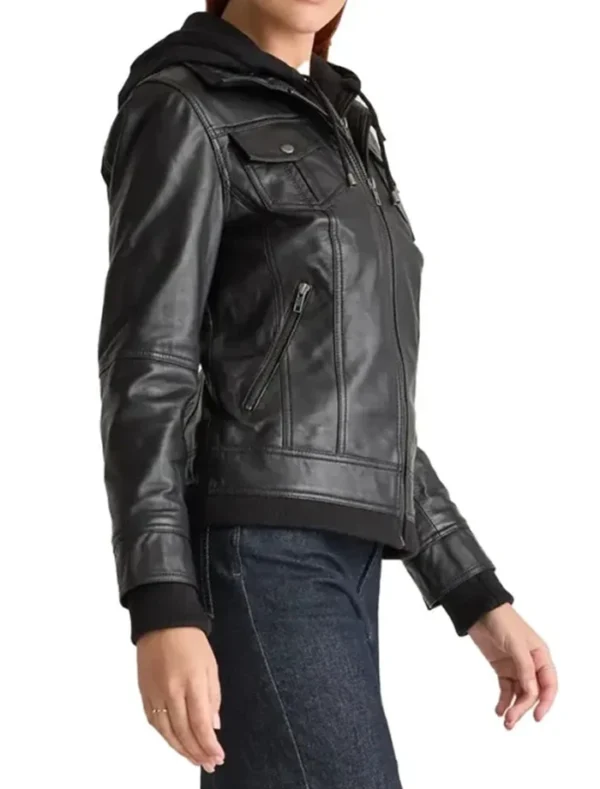 Women Black Leather Jacket with Attached Hoodie Side Look