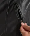 Women Black Leather Jacket with Attached Hoodie Zipper