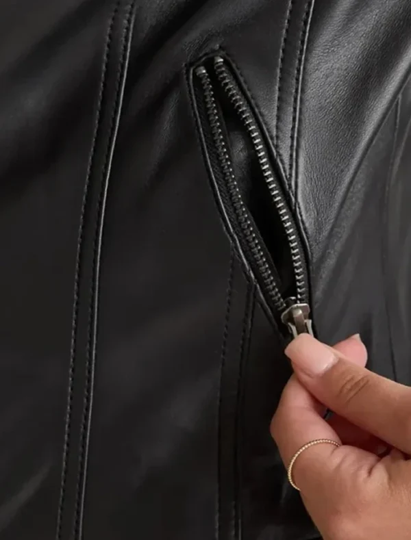 Women Black Leather Jacket with Attached Hoodie Zipper