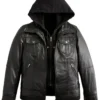 Women Black Leather Jacket with Attached Hoodies
