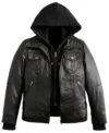 Women Black Leather Jacket with Attached Hoodies