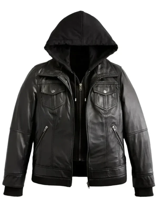 Women Black Leather Jacket with Attached Hoodies
