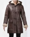 Women Brown Leather Aviator Coat with Hoodie