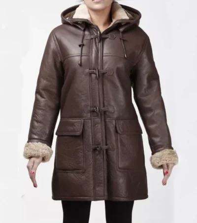 Women Brown Leather Aviator Coat with Hoodie