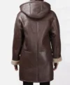 Women Brown Leather Aviator Coat with Hoodie Back