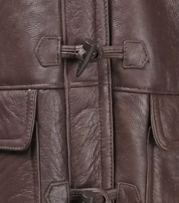 Women Brown Leather Aviator Coat with Hoodie Front