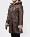 Women Brown Leather Aviator Coat with Hoodie Side Look