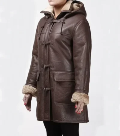 Women Brown Leather Aviator Coat with Hoodie Side Look