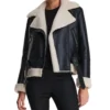 Women's Belted Black Leather Jacket with Shearling Collar